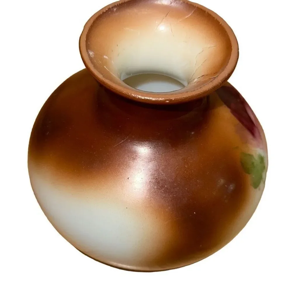 HAND PAINTED MILK GLASS VASE - Squat & Round Brown with Red Rose VINTAGE COUNTRY